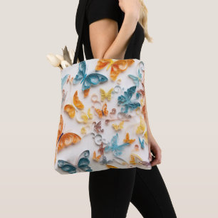 ORANGE & TURQUOISE PRETTY QUILL ART BUTTERFLIES TOTE BAG