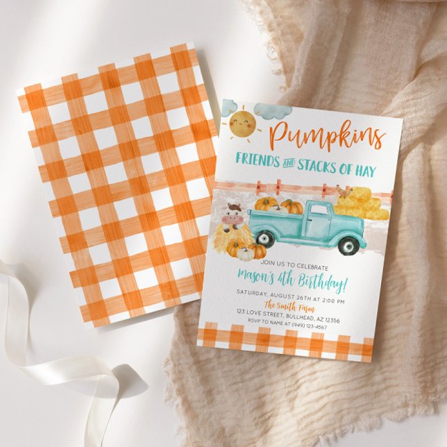 Orange & turquoise Pumpkin Harvest Truck Birthday Invitation (Creator Uploaded)