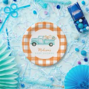 Orange & turquoise Pumpkin Harvest Truck Paper Plate