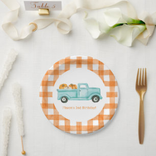 Orange & turquoise Pumpkin Harvest Truck Paper Plate