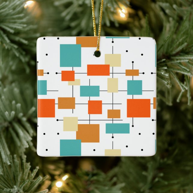 Orange Turquoise Squares Mid Century Christmas Ceramic Ornament (Tree)