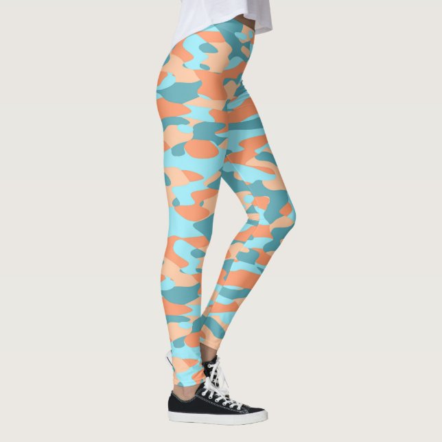Orange Turquoise Teal Blue Camouflage Pattern Leggings (Right)