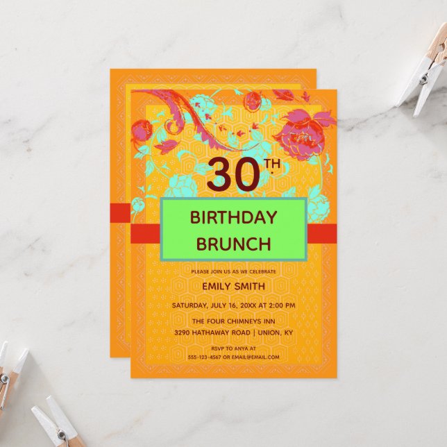 Orange Turquoise Trendy Peony Birthday Brunch Invitation (Front/Back In Situ)