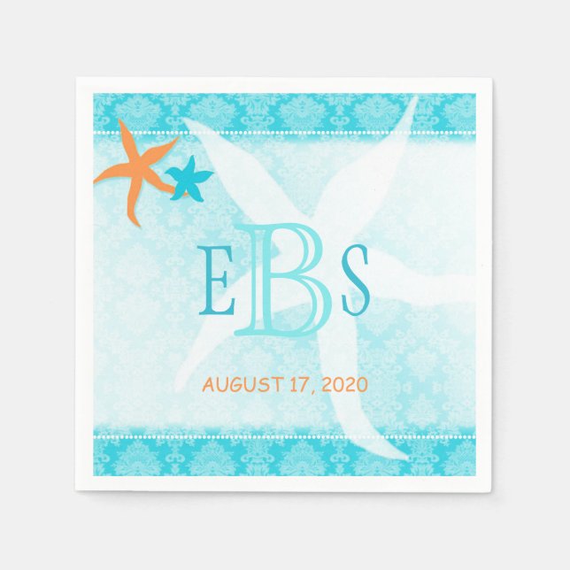 Orange Turquoise White Beach Wedding Napkin (Front)