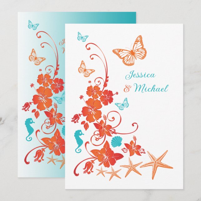 Orange, Turquoise, White Destination Wedding Invitation (Front/Back)