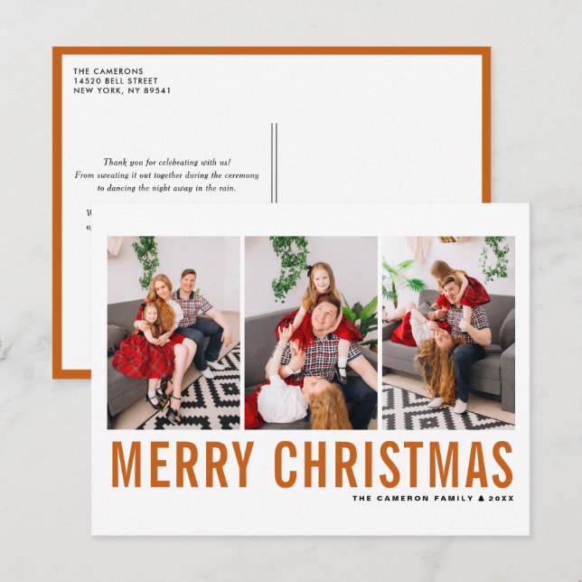 Orange Typography Merry Christmas Photo Collage Holiday Postcard (Front/Back)