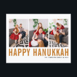 Orange Typography Photo Collage Happy Hanukkah Holiday Postcard<br><div class="desc">Happy Hanukkah! Customisable Happy Hanukkah photo collage postcard featuring orange simple typography and snow pattern. Personalise by adding three photos,  names,  year and other details. This modern Hanukkah postcard is available in other colours and cardstock.</div>