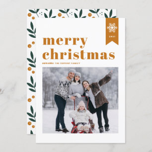 Orange Typography Snowflakes Merry Christmas Photo Holiday Card