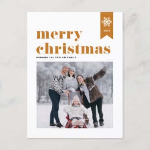 Orange Typography Snowflakes Merry Christmas Photo Holiday Postcard