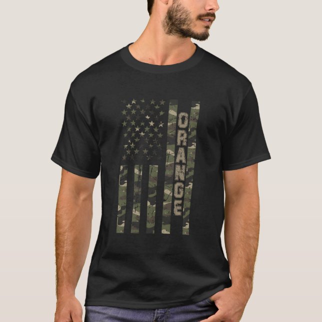 Orange United States Distressed Camo W Us Flag T-Shirt (Front)