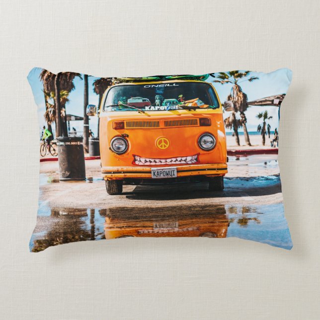 Orange van with surfboard on top decorative cushion (Front)