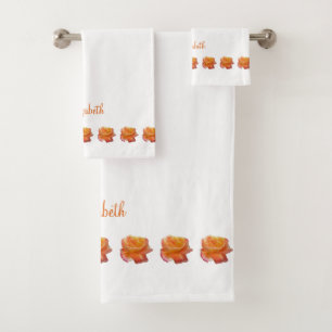 Orange Varigated Rose Photo on White Orange Name Bath Towel Set
