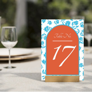 Orange Verona Sunset Blue Flowers Wedding Table Number