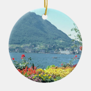 Orange Views of public gardens, Lugano, Switzerlan Ceramic Tree Decoration