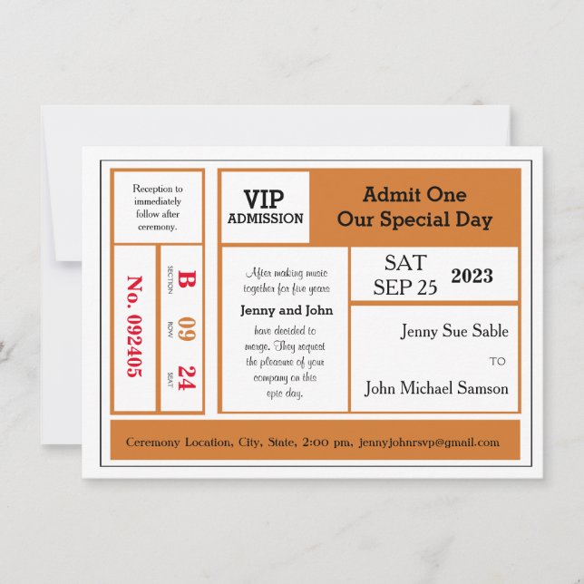Orange Vintage Concert Ticket Wedding Invitation (Front)