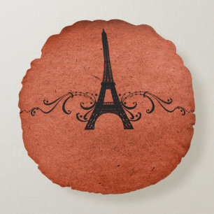 Orange Vintage French Flourish Round Pillow