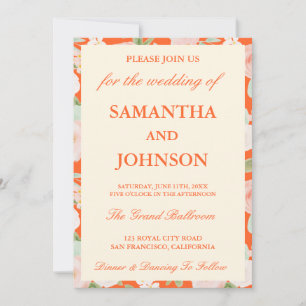 Orange Vintage Ivory Floral Monogram Photo Wedding Invitation