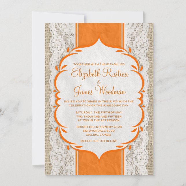 Orange Vintage Linen Burlap Wedding Invitations (Front)