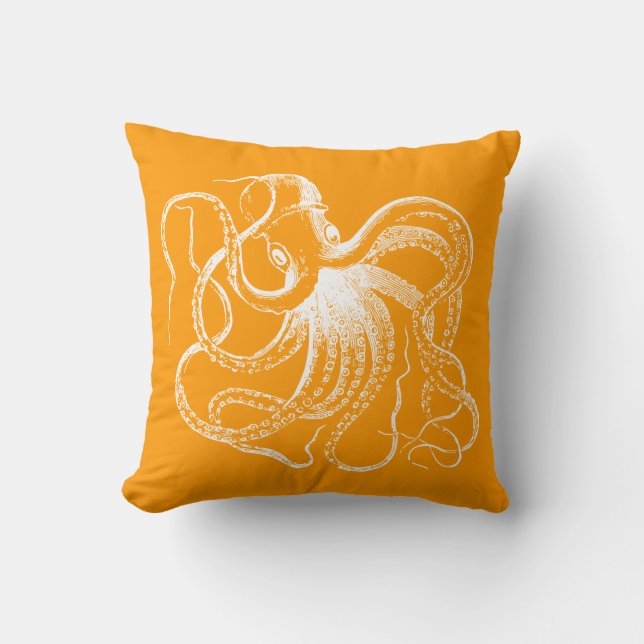 Orange Vintage Octopus & Nautical Stripes Cushion (Front)