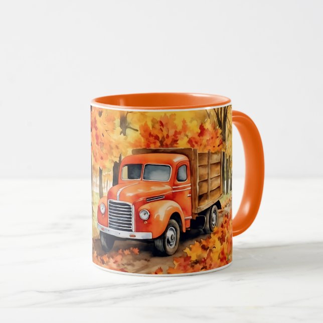 Orange Vintage Pickup Truck in Autumn Mug (Front Right)