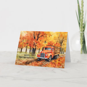 Orange Vintage Pickup Truck in Autumn Thanksgiving Holiday Card