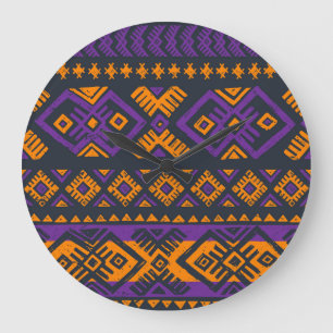 Orange, violet tribal geometric seamless pattern. large clock