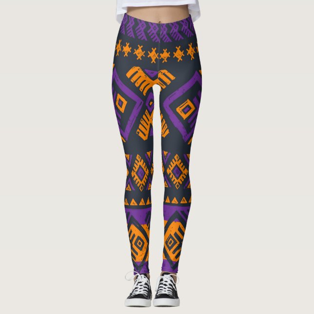 Orange, violet tribal geometric seamless pattern. leggings (Front)