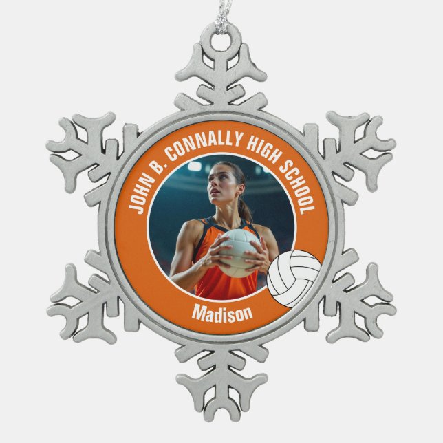 Orange Volleyball Player Photo High School Snowflake Pewter Christmas Ornament (Front)