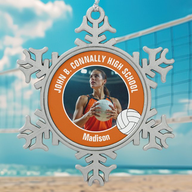 Orange Volleyball Player Photo High School Snowflake Pewter Christmas Ornament (Creator Uploaded)