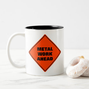 Orange warning sign metal work ahead Funny classic Two-Tone Coffee Mug