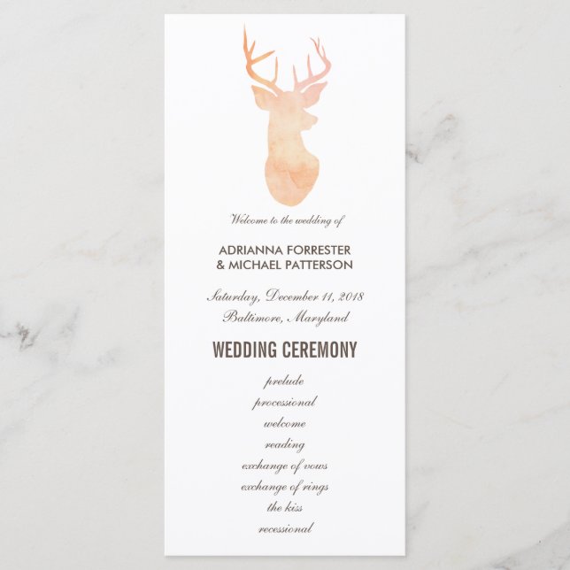 Orange Watercolor Antler Wedding Modern Program Programme (Front)
