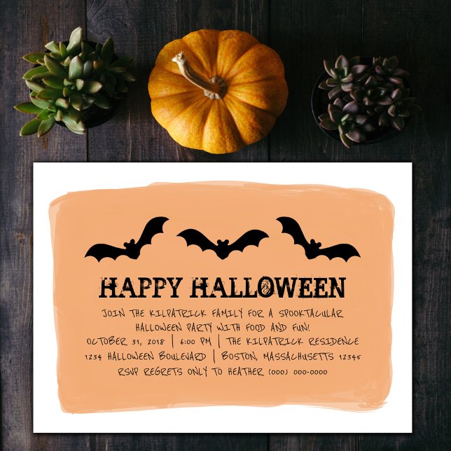 Orange Watercolor Bats Halloween Party Invite (Orange Watercolor Bats Halloween Party Invite)