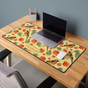 Orange Watercolor Birds and pomegranate Pattern Desk Mat