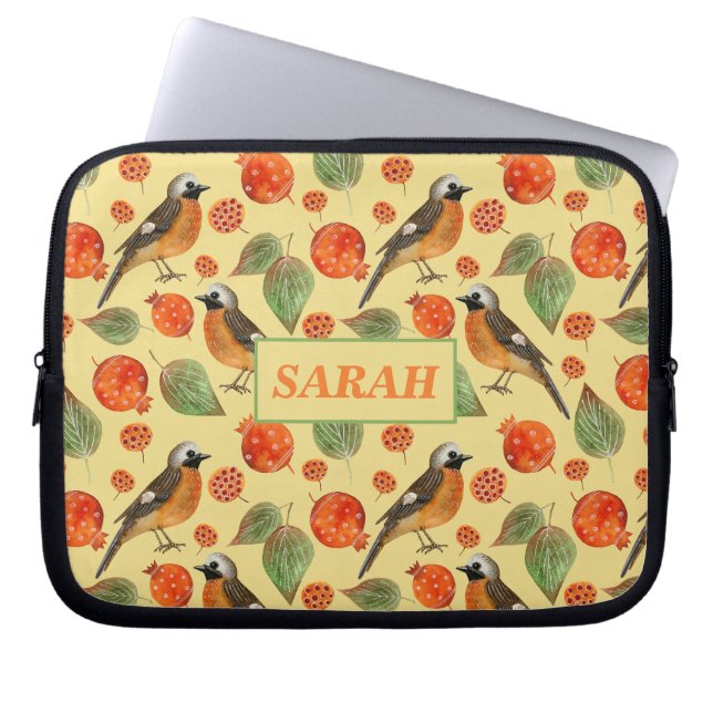Orange Watercolor Birds and pomegranate Pattern  Laptop Sleeve (Front)