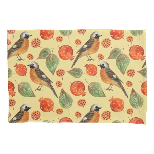 Orange Watercolor Birds and pomegranate Pattern  Pillowcase (Front)