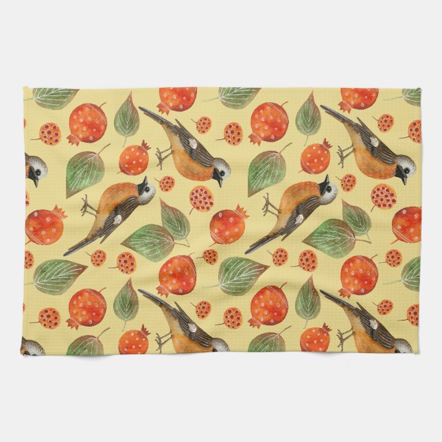 Orange Watercolor Birds and pomegranate Pattern  Tea Towel (Horizontal)