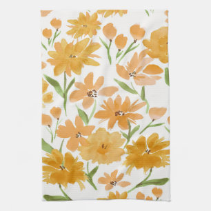 Orange Watercolor  Blooms Floral Kitchen Tea Towel