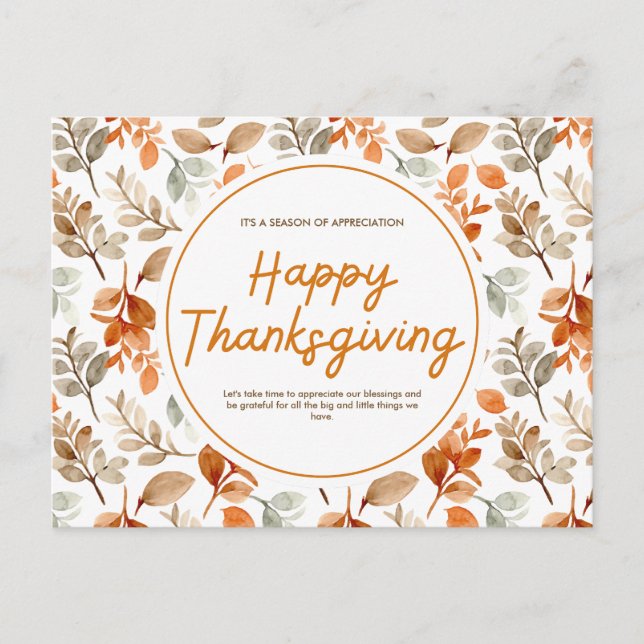 Orange Watercolor Botanical Happy Thanksgiving  Holiday Postcard (Front)