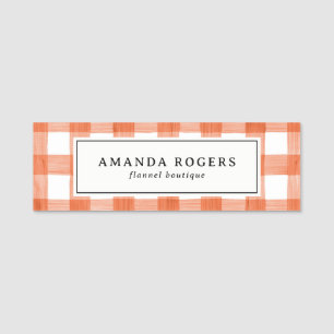 Orange Watercolor Buffalo Plaid Flannel employee Name Tag