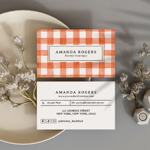 Orange Watercolor Buffalo Plaid QR SOCIAL HANDLE Business Card