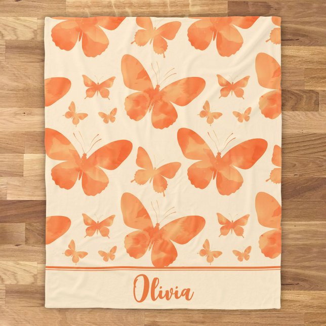 Orange Watercolor Butterflies  Fleece Blanket (Creator Uploaded)