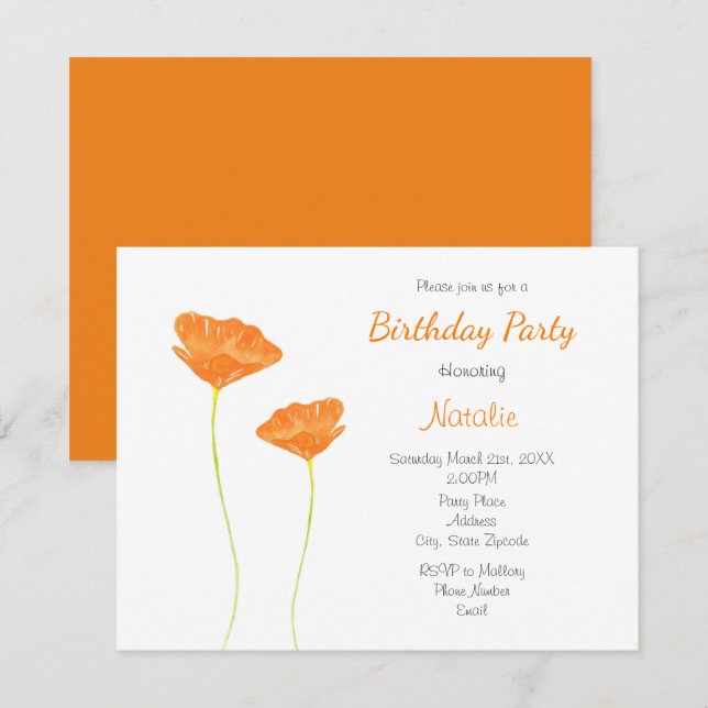 Orange Watercolor California Poppies Invitation (Front/Back)