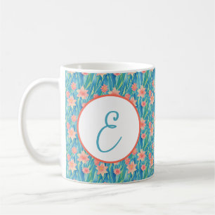 Orange watercolor daffodils pattern monogram coffee mug