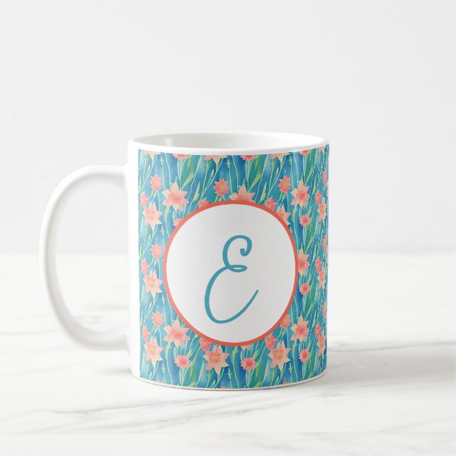 Orange watercolor daffodils pattern monogram coffee mug (Left)