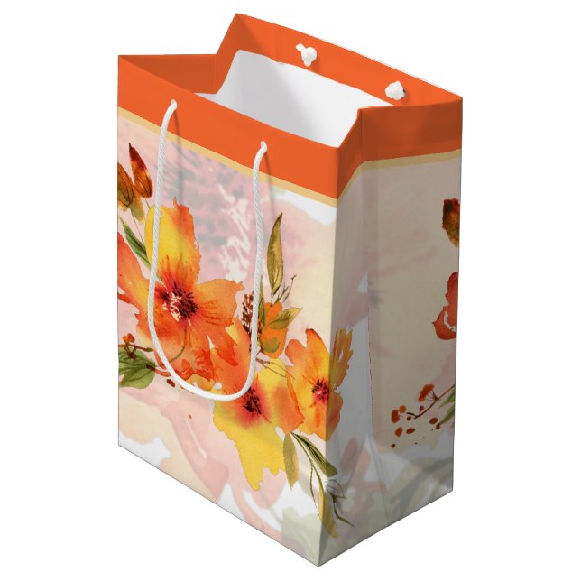 Orange watercolor fall floral  medium gift bag (Front Angled)