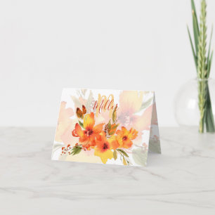 Orange watercolor fall floral personalised note card