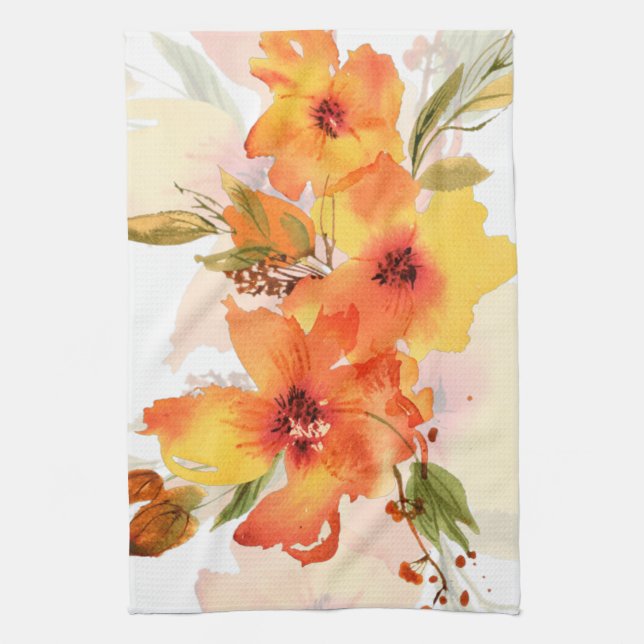 Orange watercolor fall floral tea towel (Vertical)
