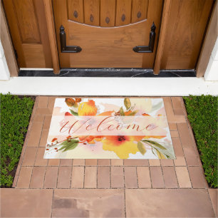 Orange watercolor fall floral welcome doormat