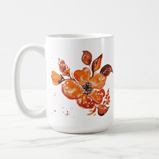 Orange Watercolor Floral  Coffee Mug (Left)