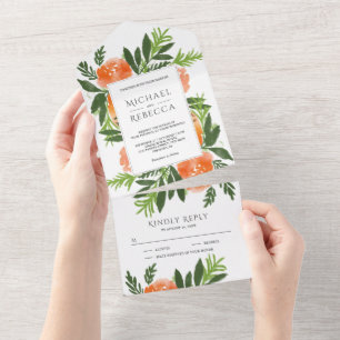 Orange Watercolor Floral Garden Greenery Wedding All In One Invitation